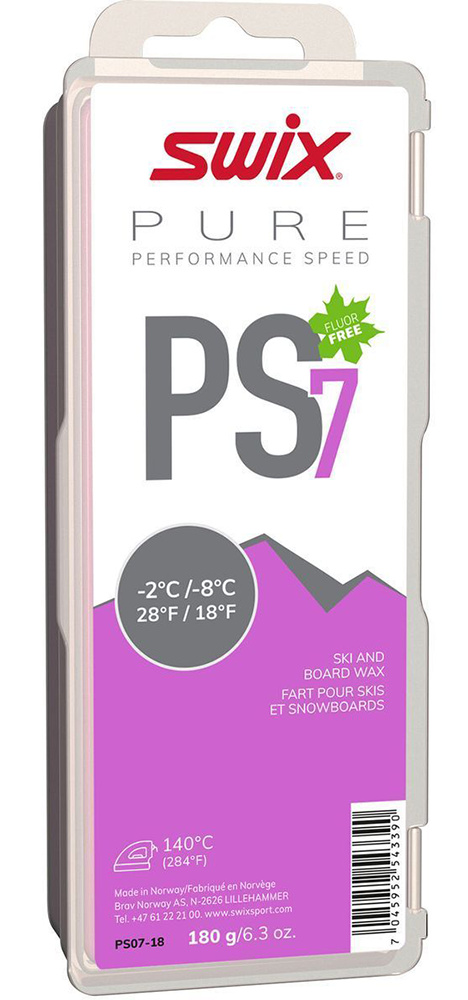 Swix PS7 Violet -2°C/-8°C Ski Wax - 180g showing solid rectangular violet hydrocarbon wax block, debossed logo and temperature specifications, large-format protective packaging box, and 140°C iron temperature recommendation.
