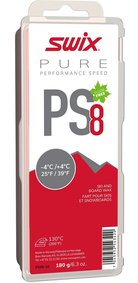 Swix PS8 Red -4°C/+4°C Ski Wax - 180g showing solid rectangular red hydrocarbon wax block, debossed logo and temperature specifications, large-format protective box, and 130°C iron temperature recommendation.