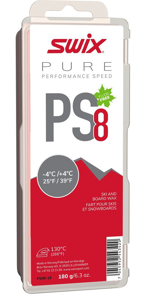 Swix PS8 Red -4°C/+4°C Ski Wax - 180g showing solid rectangular red hydrocarbon wax block, debossed logo and temperature specifications, large-format protective box, and 130°C iron temperature recommendation.