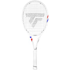 A white TECNIFIBRE T-FIGHT tennis racket with a red and blue logo, designed for power and control.