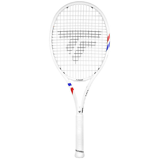 A white TECNIFIBRE T-FIGHT tennis racket with a red and blue logo, designed for power and control.