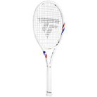 A white TECNIFIBRE T-FIGHT tennis racket with a red and blue logo, designed for power and control.