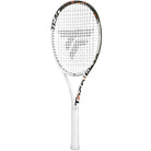 A TECNIFIBRE TF-40 305 16M V3 high-performance tennis racket with a white grip, white and black frame with graphics and text predominantly in orange, and a white string bed.