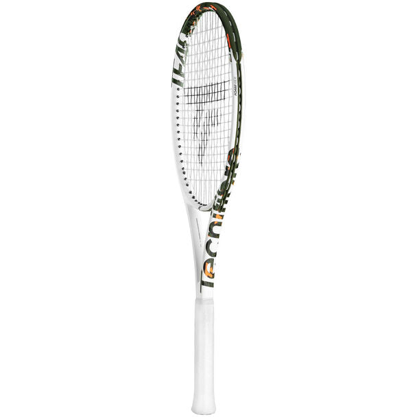 A TECNIFIBRE TF-40 305 16M V3 high-performance tennis racket with a white grip, white and black frame with graphics and text predominantly in orange, and a white string bed.