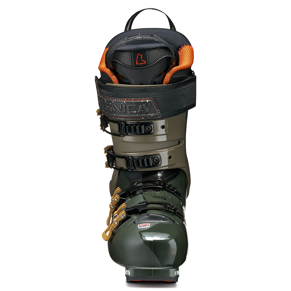 A green 2027 Tecnica Cochise 120 ski boot that features a 120 flex rating, GripWalk soles, and is intended for freeride and slackcountry skiing.
