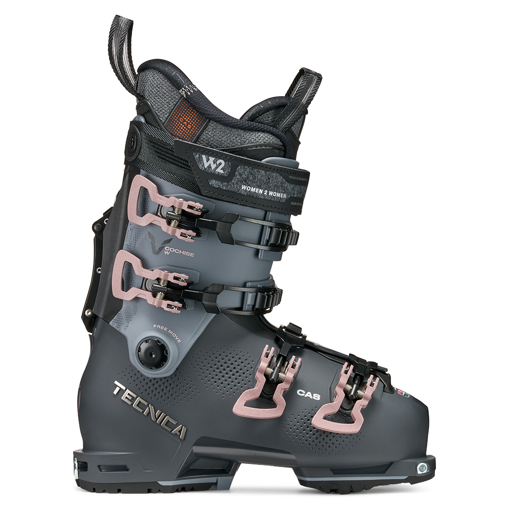 A grey and pink 2027 Tecnica Cochise 95 W women's ski boot that features a walk mode and GripWalk soles, designed for freeride and slack country skiing.