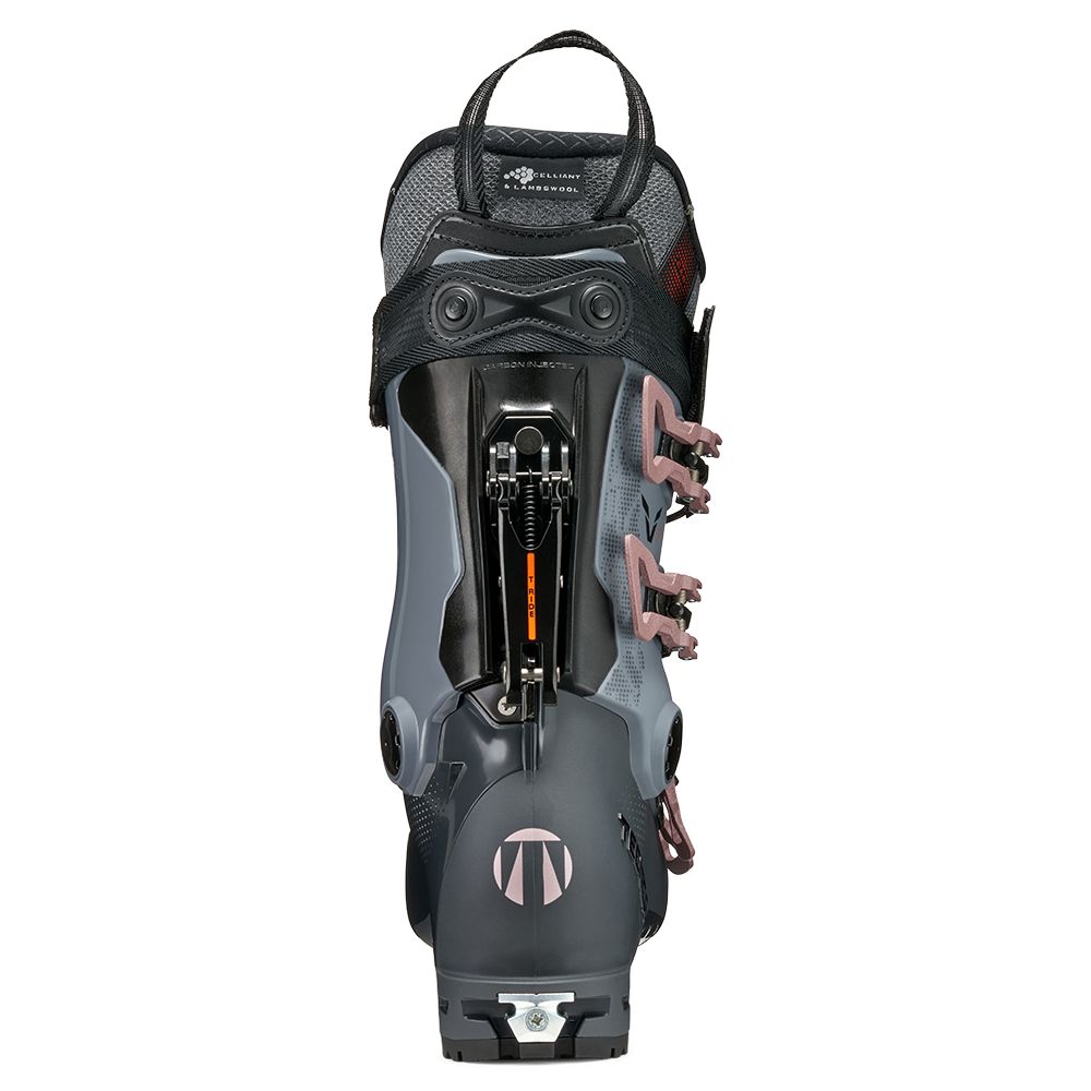 A grey and pink 2027 Tecnica Cochise 95 W women's ski boot that features a walk mode and GripWalk soles, designed for freeride and slack country skiing.