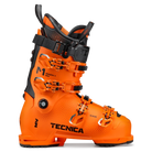 An orange and black Tecnica Mach 1 130 MV ski boot that features a very stiff 130 flex and GripWalk soles.