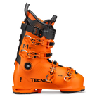 Orange Tecnica Mach 1 HV 130 ski boot with multiple buckles and black detailing.