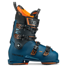 A blue and orange Tecnica MV 120 ski boot that features a stiff 120 flex and GripWalk soles.