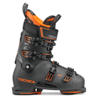 A pair of TECNICA MACH 1 MV ski boots in gray with orange and black details, featuring multiple buckles and the brand name on the side.
