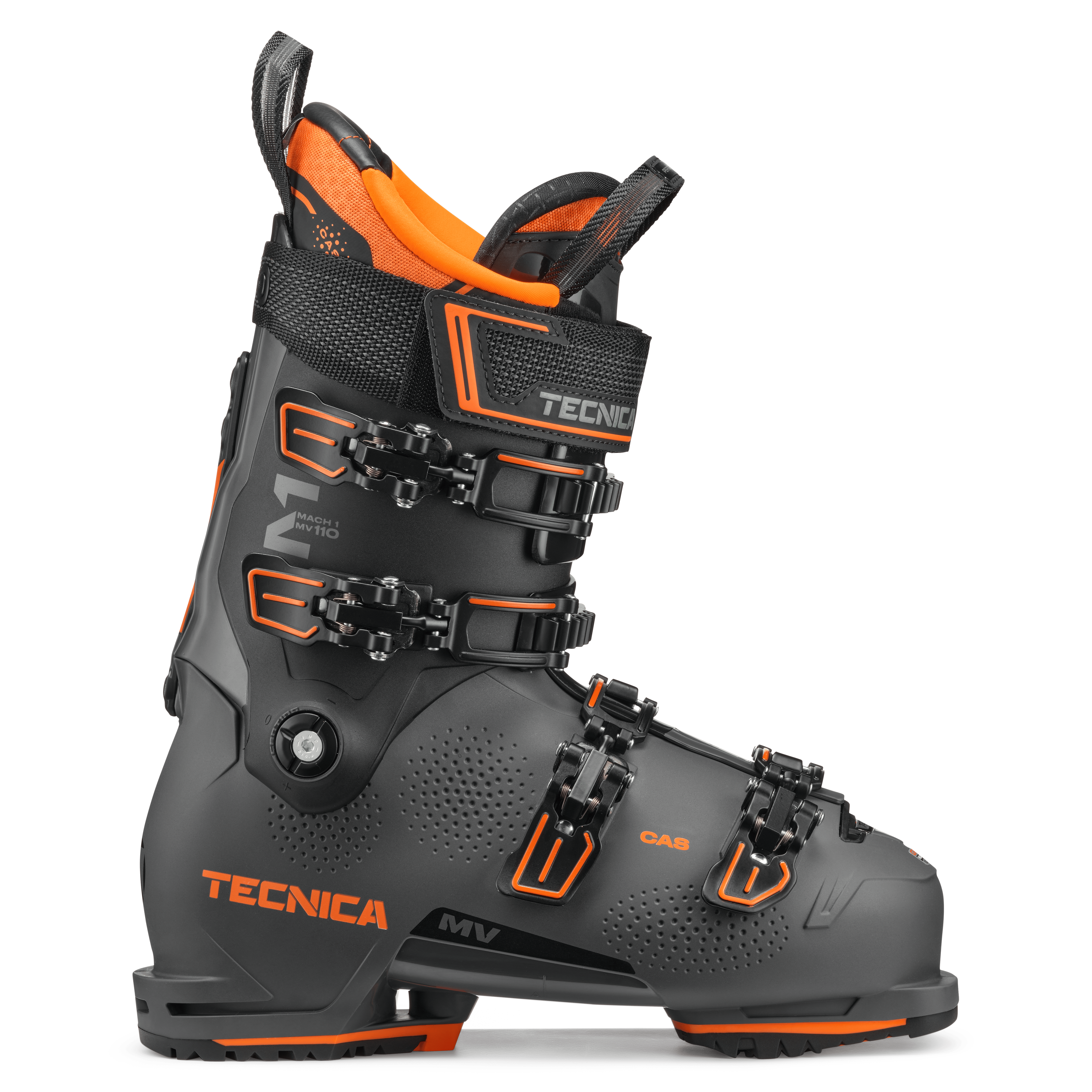 A pair of TECNICA MACH 1 MV ski boots in gray with orange and black details, featuring multiple buckles and the brand name on the side.