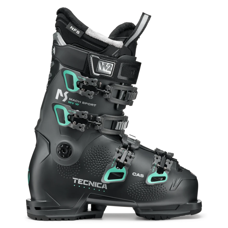 A grey and teal Tecnica Mach Sport 85 MV ski boot that is designed for women and feature GripWalk soles.