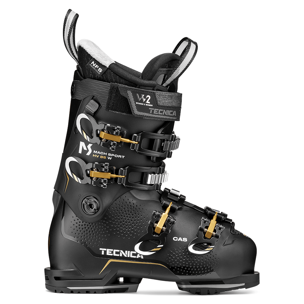 A black 2027 Tecnica Mach Sport HV 85 W women's ski boot that features an 85 flex rating, a comfortable fit, and GripWalk soles.