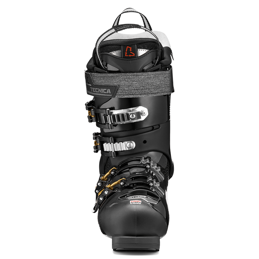 A black 2027 Tecnica Mach Sport HV 85 W women's ski boot that features an 85 flex rating, a comfortable fit, and GripWalk soles.