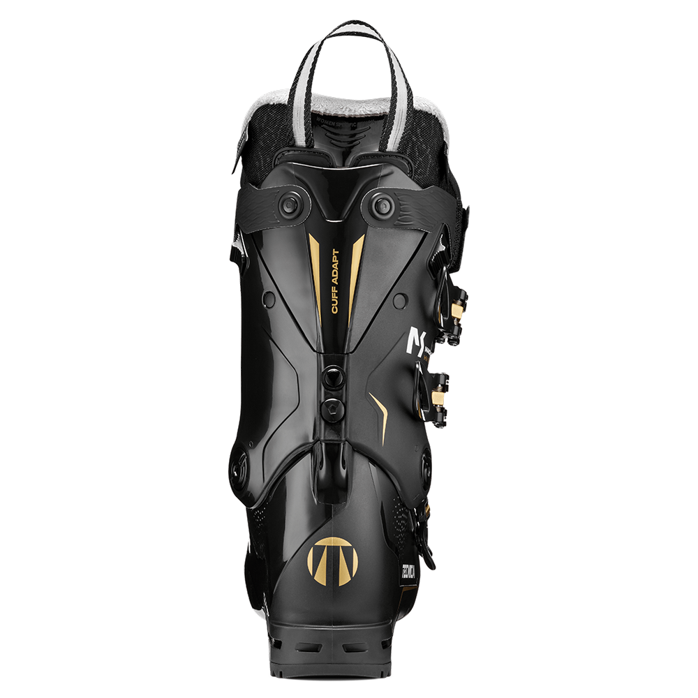 A black 2027 Tecnica Mach Sport HV 85 W women's ski boot that features an 85 flex rating, a comfortable fit, and GripWalk soles.