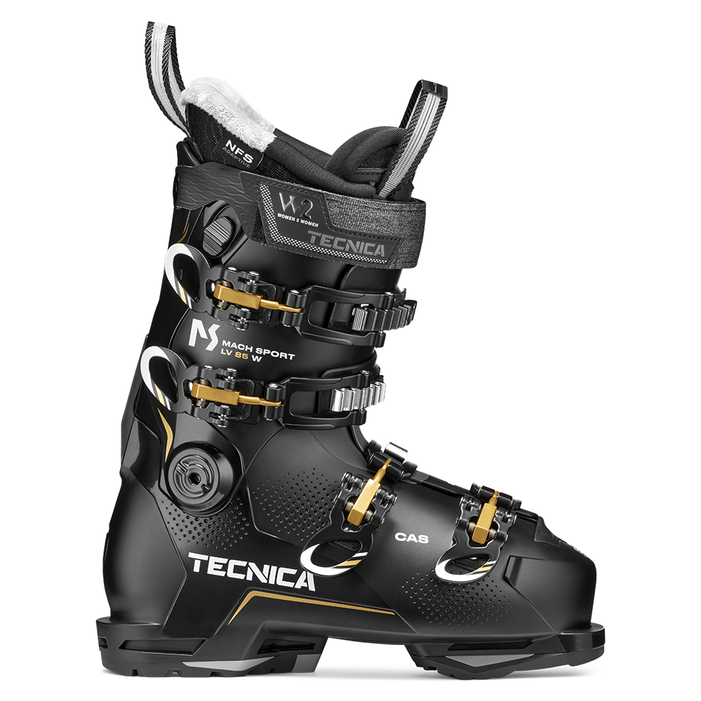 A black 2027 Tecnica Mach Sport LV 85 W women's ski boot that features an 85 flex rating, a narrow fit, and GripWalk soles.