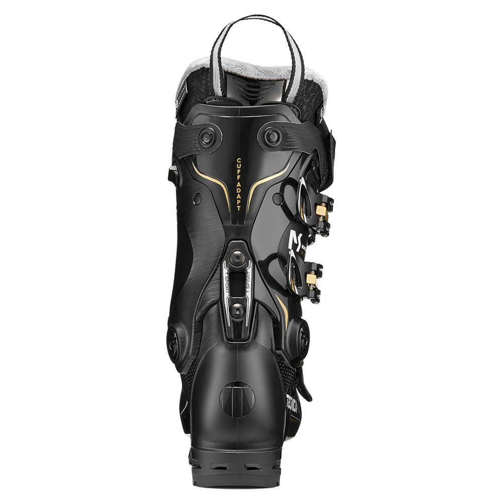 A black 2027 Tecnica Mach Sport LV 85 W women's ski boot that features an 85 flex rating, a narrow fit, and GripWalk soles.