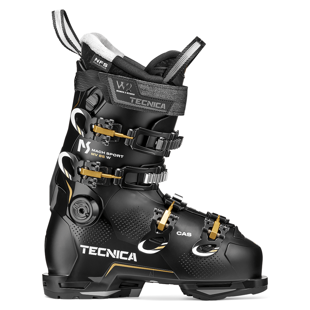 A black 2027 Tecnica Mach Sport MV 85 W women's ski boot that features an 85 flex rating, a medium-volume fit, and GripWalk soles.