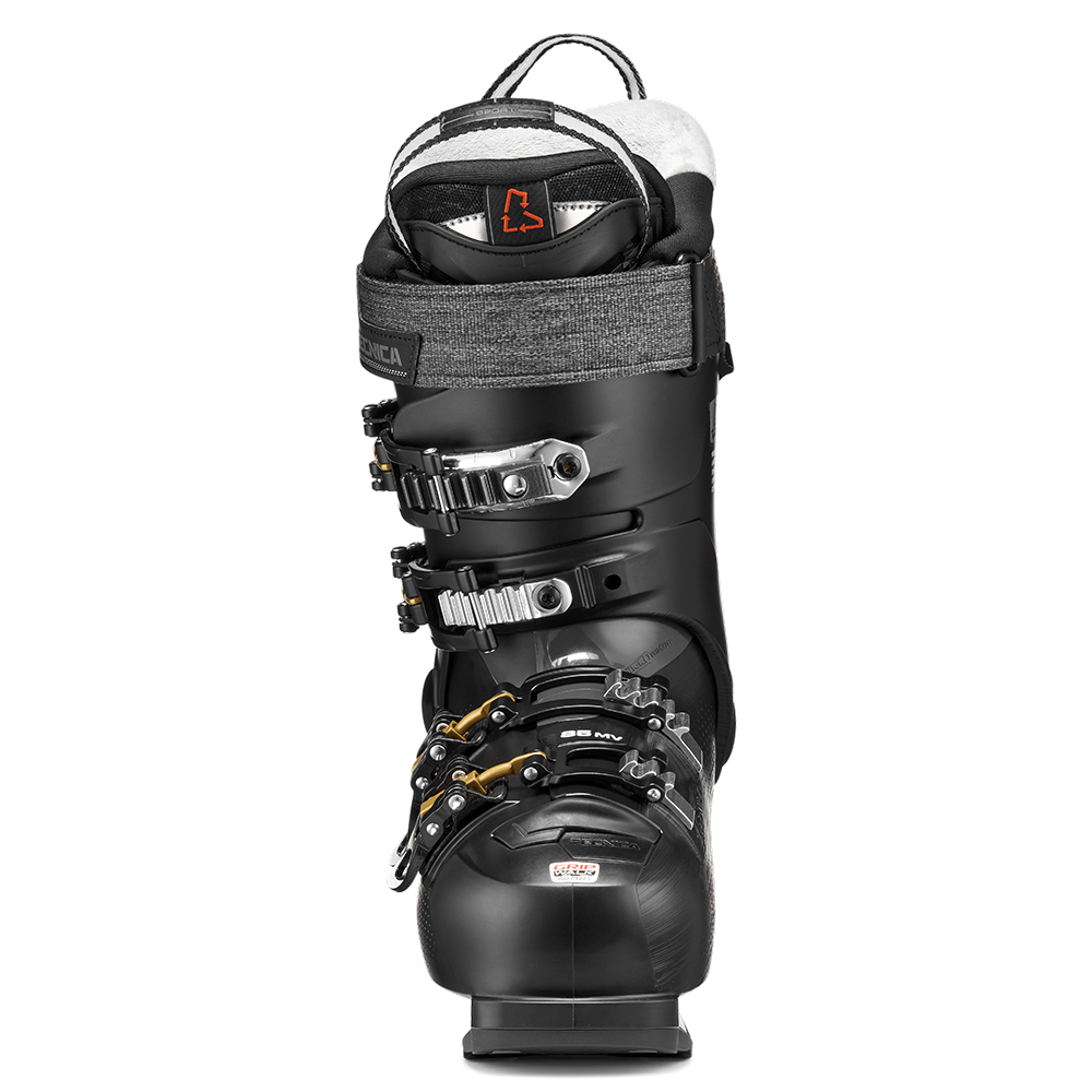 A black 2027 Tecnica Mach Sport MV 85 W women's ski boot that features an 85 flex rating, a medium-volume fit, and GripWalk soles.