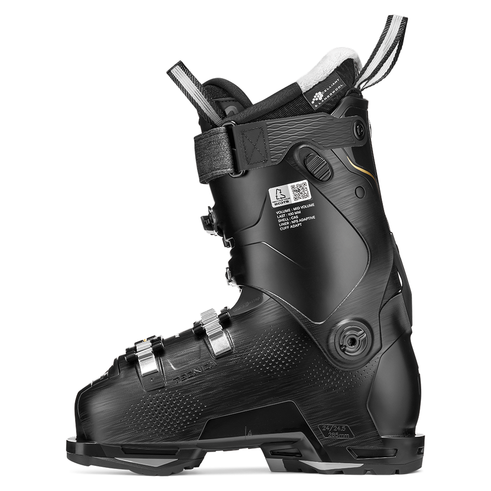 A black 2027 Tecnica Mach Sport MV 85 W women's ski boot that features an 85 flex rating, a medium-volume fit, and GripWalk soles.