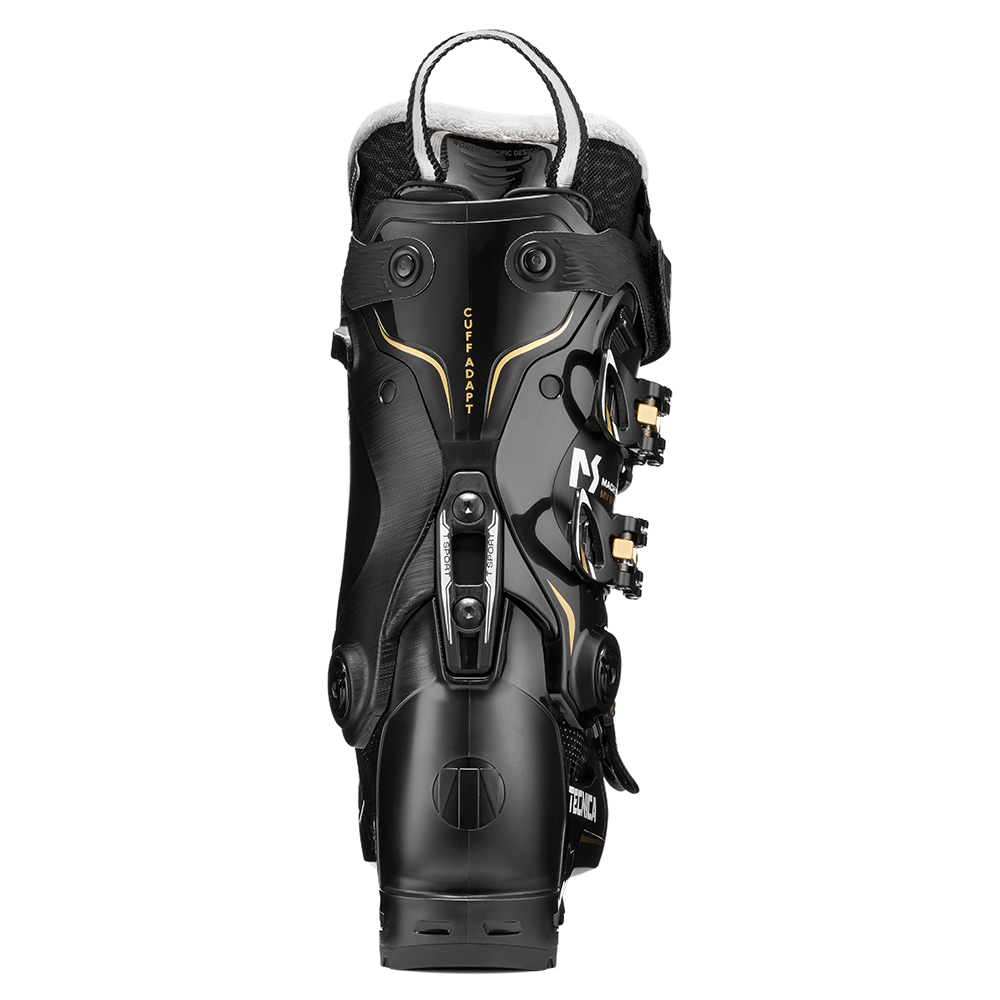 A black 2027 Tecnica Mach Sport MV 85 W women's ski boot that features an 85 flex rating, a medium-volume fit, and GripWalk soles.
