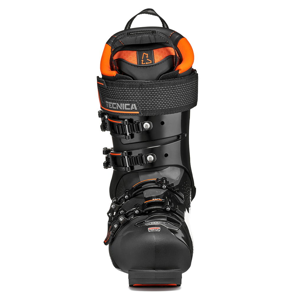 A black and orange 2027 Tecnica Mach1 HV 110 ski boot that features a 110 flex rating, a high-volume fit, and Gripwalk soles.