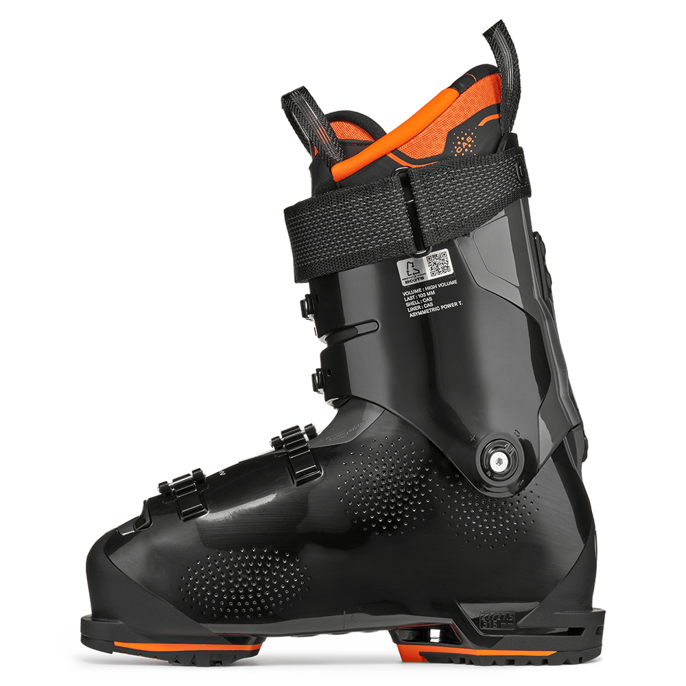 A black and orange 2027 Tecnica Mach1 HV 110 ski boot that features a 110 flex rating, a high-volume fit, and Gripwalk soles.