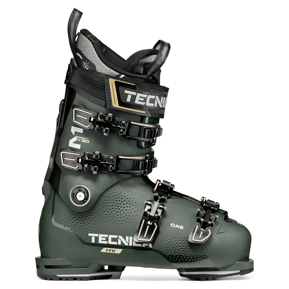 A dark green 2027 Tecnica Mach1 HV 120 ski boot that features a 120 flex rating, a high-volume fit, and is designed for men.