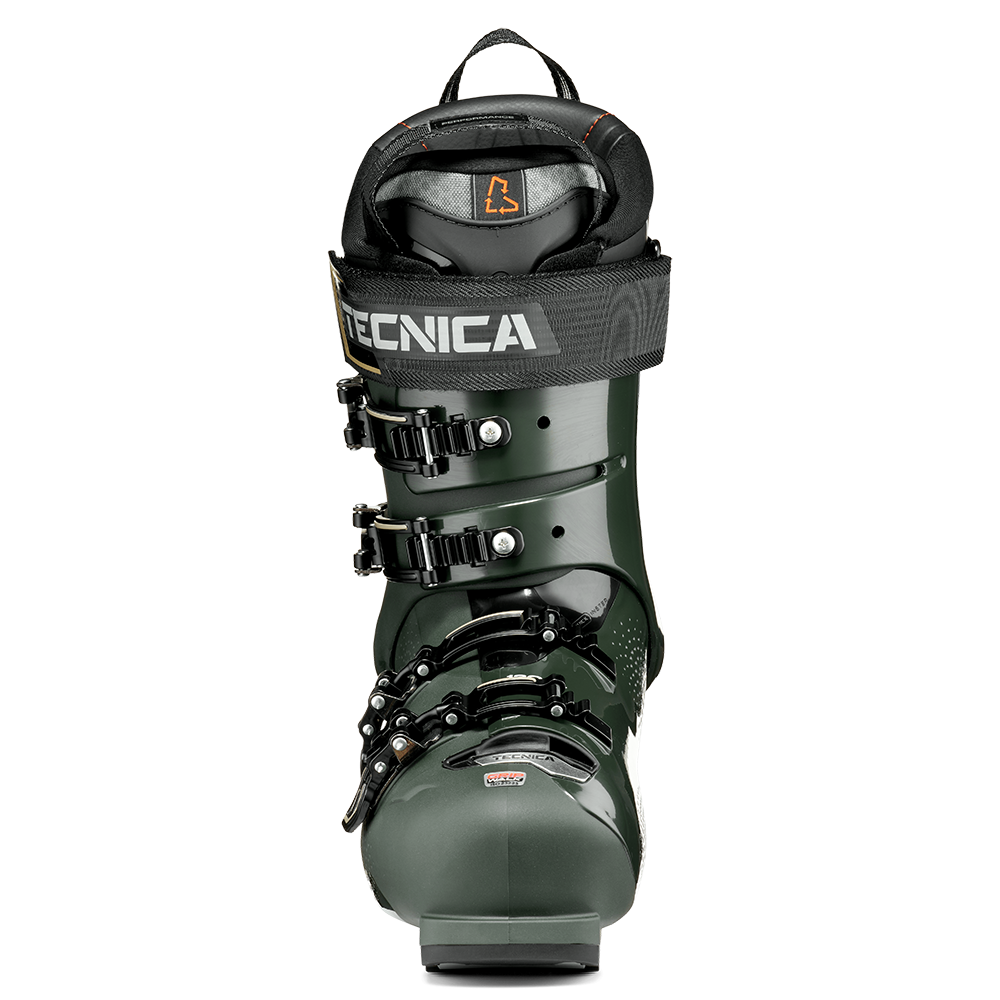 A dark green 2027 Tecnica Mach1 HV 120 ski boot that features a 120 flex rating, a high-volume fit, and is designed for men.