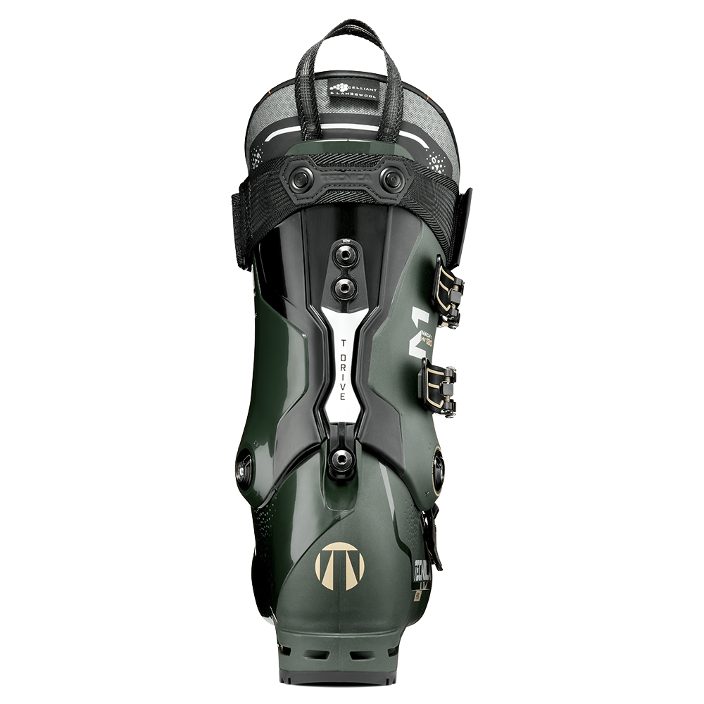 A dark green 2027 Tecnica Mach1 HV 120 ski boot that features a 120 flex rating, a high-volume fit, and is designed for men.