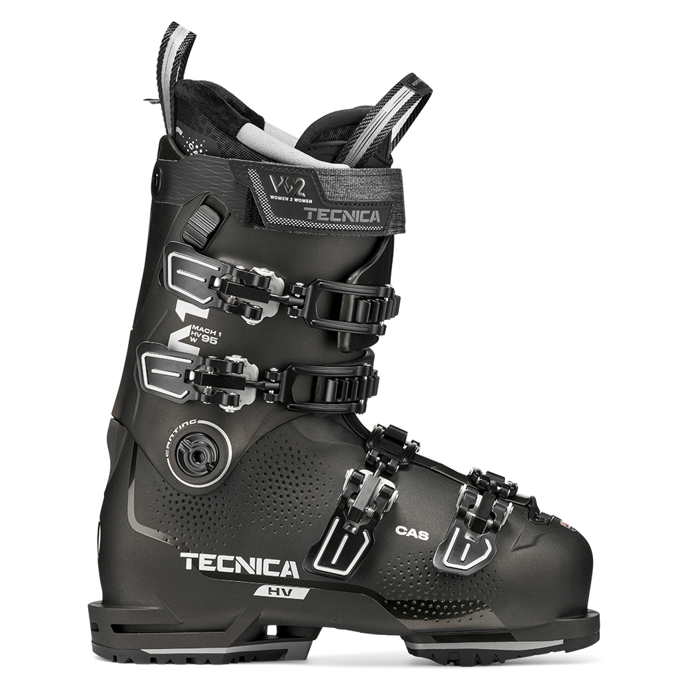A black 2027 Tecnica Mach1 HV 95 W women's ski boot that features a 95 flex rating, a comfortable fit, and GripWalk soles.