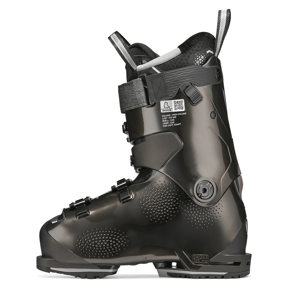 A black 2027 Tecnica Mach1 HV 95 W women's ski boot that features a 95 flex rating, a comfortable fit, and GripWalk soles.