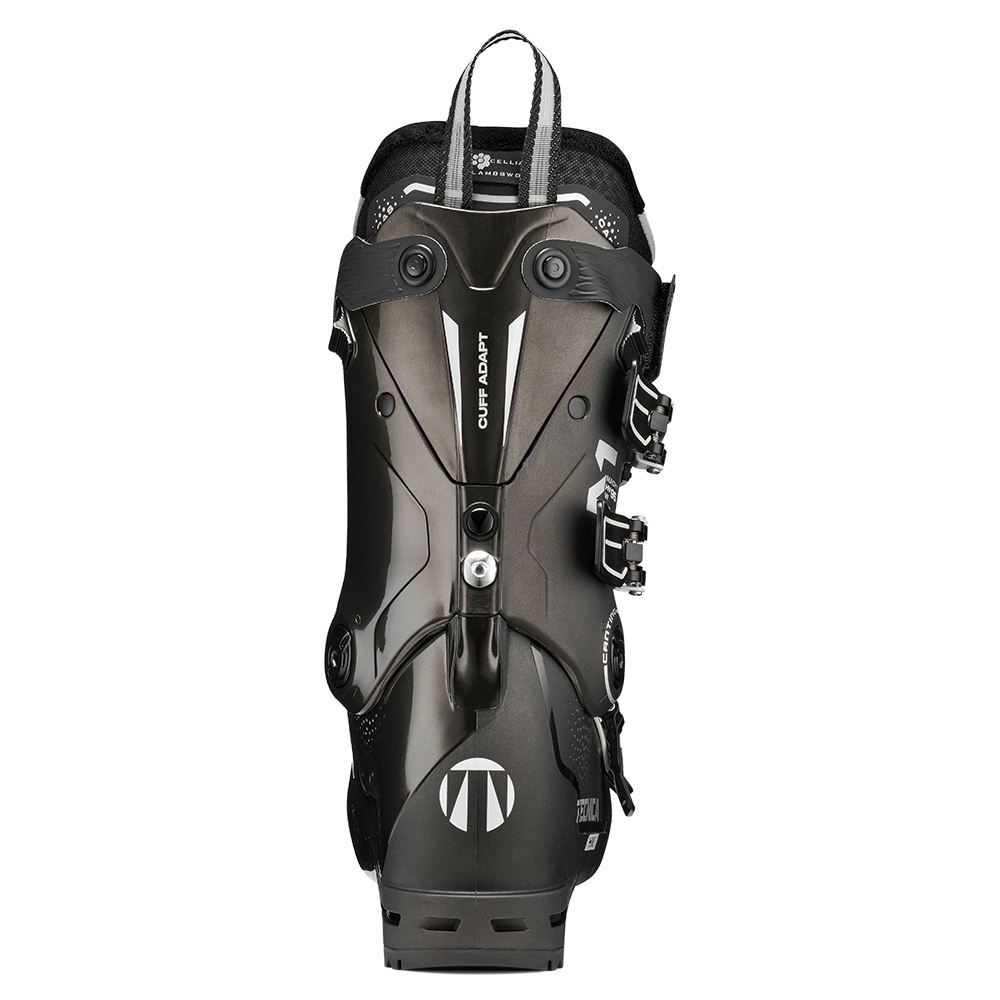A black 2027 Tecnica Mach1 HV 95 W women's ski boot that features a 95 flex rating, a comfortable fit, and GripWalk soles.