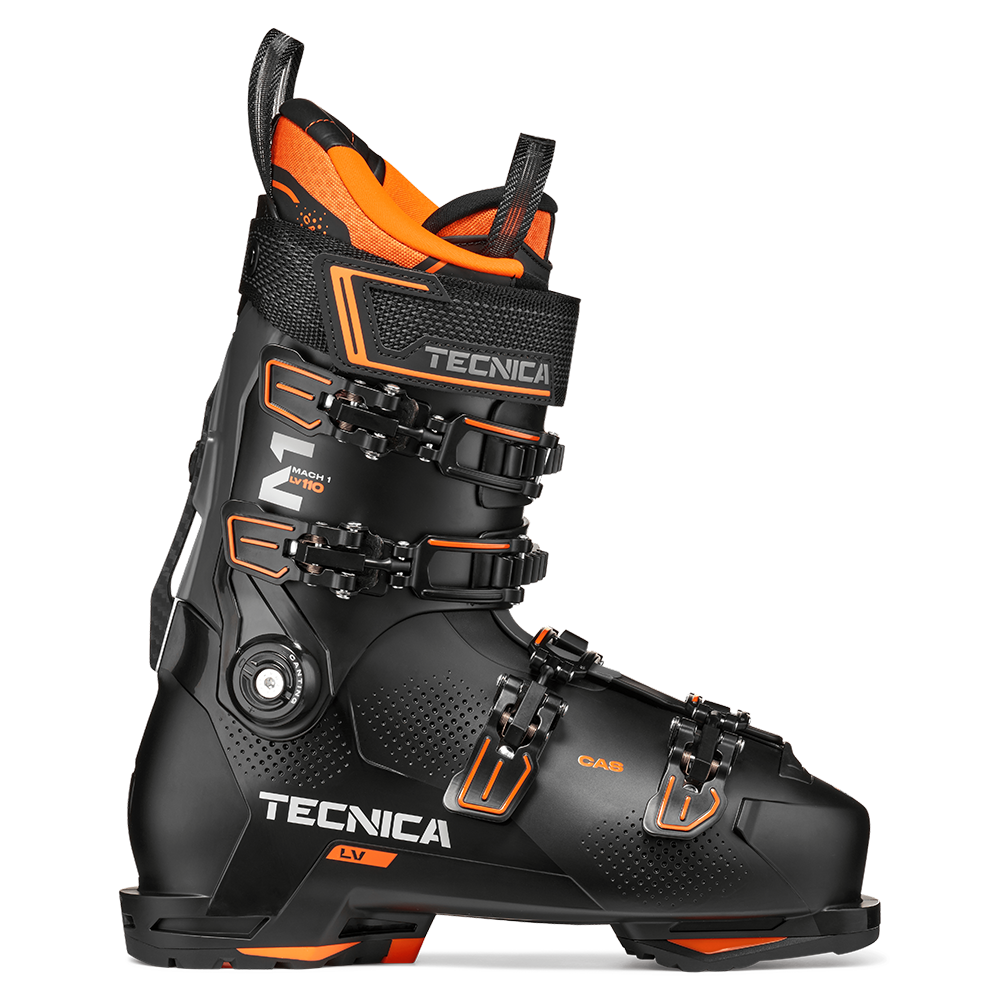 A black and orange 2027 Tecnica Mach1 LV 110 ski boot that features a 120 flex rating, a low-volume fit, and GripWalk soles.