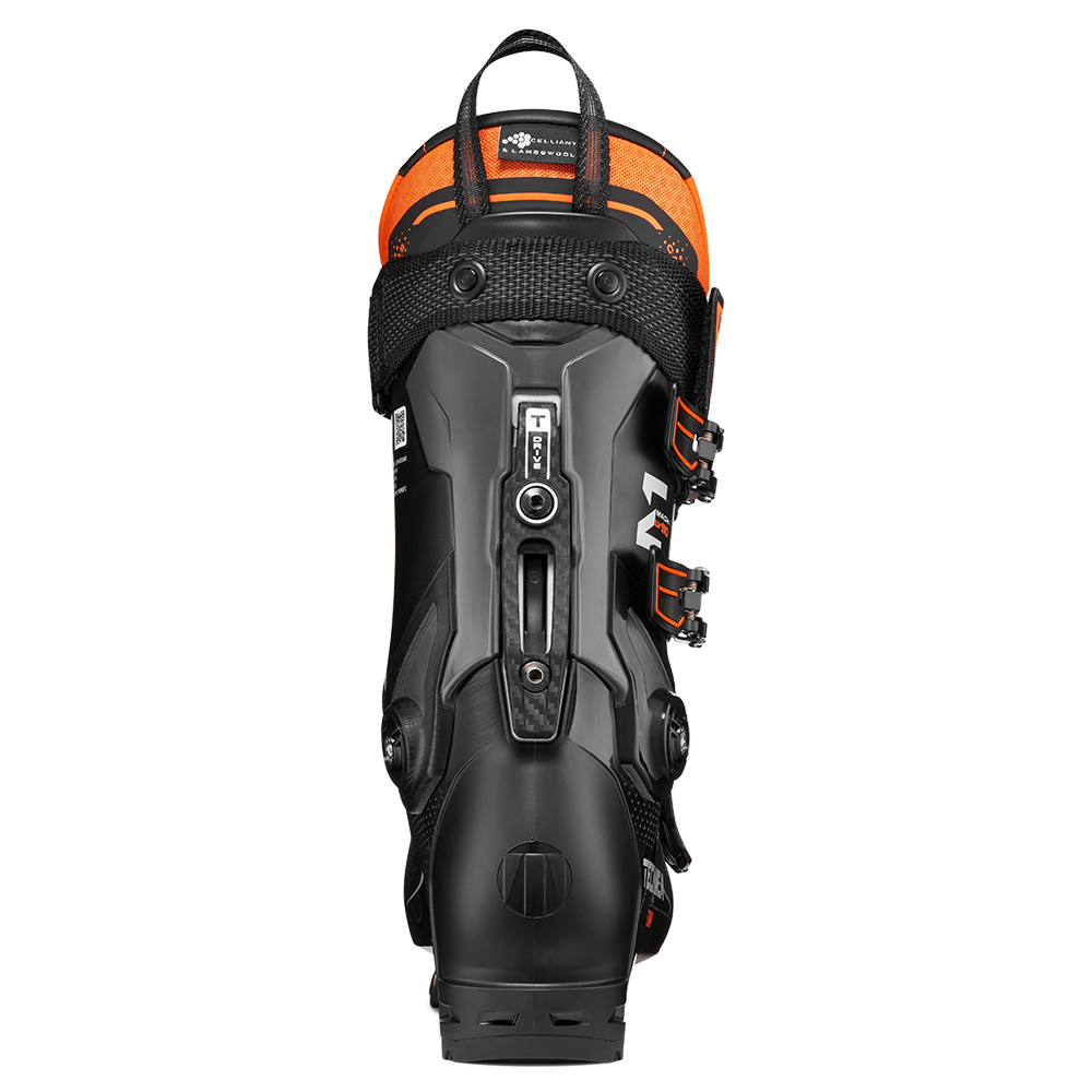 A black and orange 2027 Tecnica Mach1 LV 110 ski boot that features a 120 flex rating, a low-volume fit, and GripWalk soles.