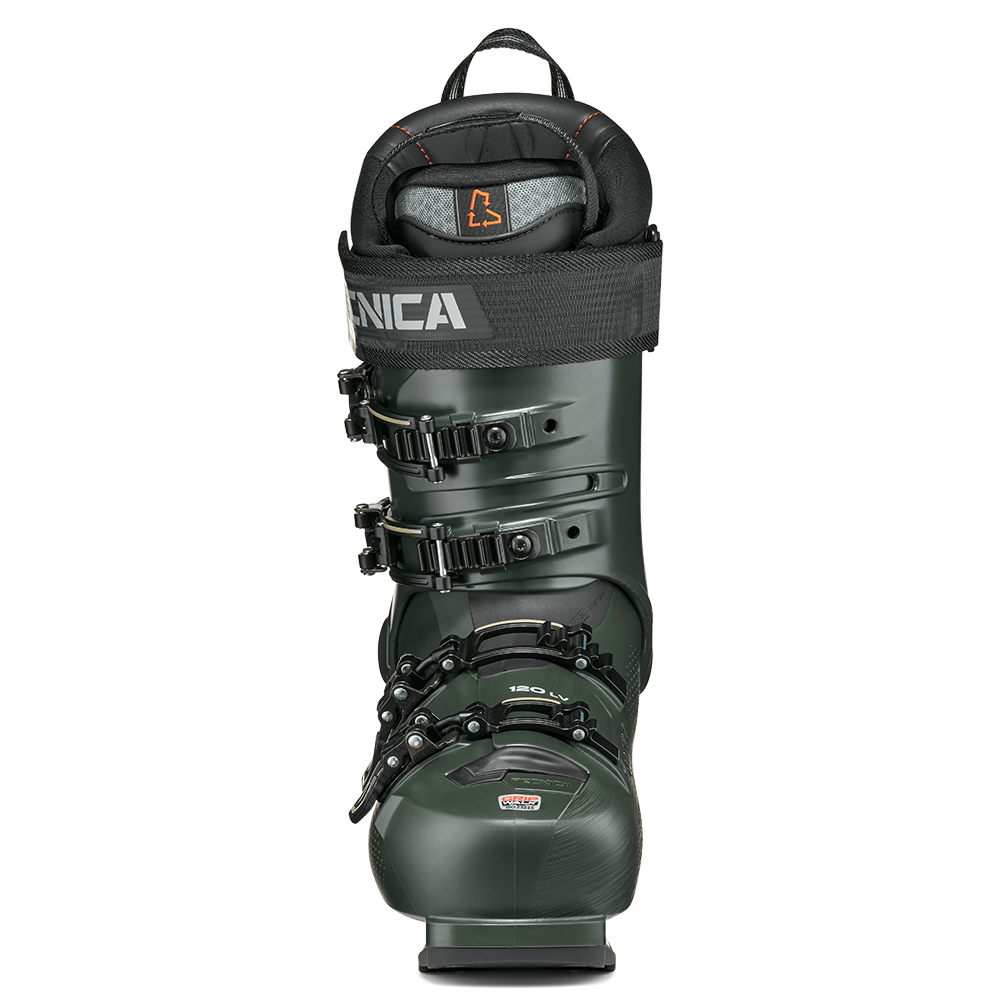 A dark green Tecnica Mach1 LV 120 ski boot that features a 120 flex rating, a low-volume fit, and is designed for men.