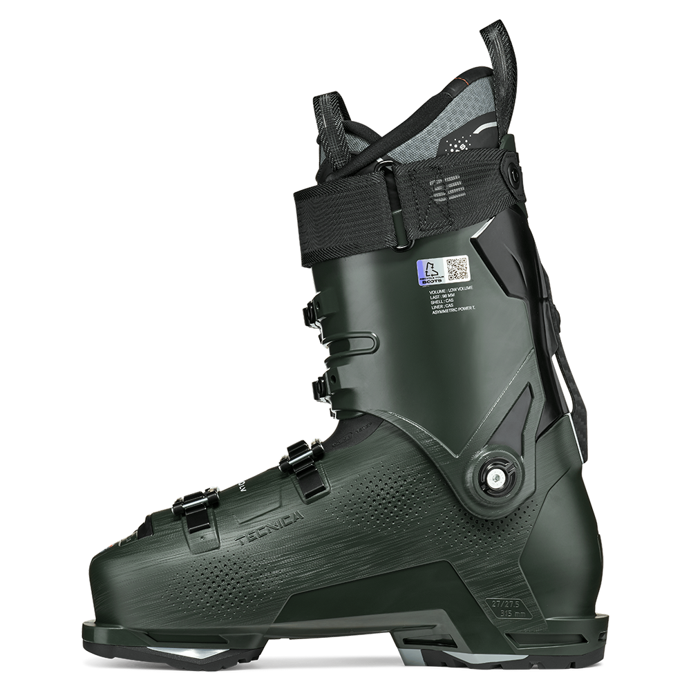A dark green Tecnica Mach1 LV 120 ski boot that features a 120 flex rating, a low-volume fit, and is designed for men.
