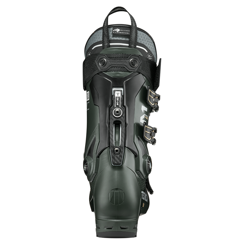 A dark green Tecnica Mach1 LV 120 ski boot that features a 120 flex rating, a low-volume fit, and is designed for men.