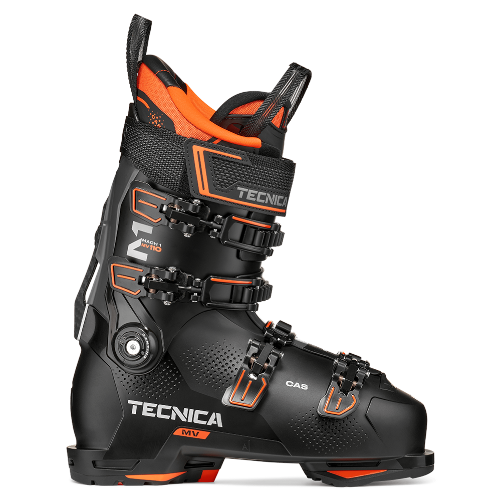 A black and orange 2027 Tecnica Mach1 MV 110 ski boot that features a 110 flex rating, a medium-volume fit, and GripWalk soles.