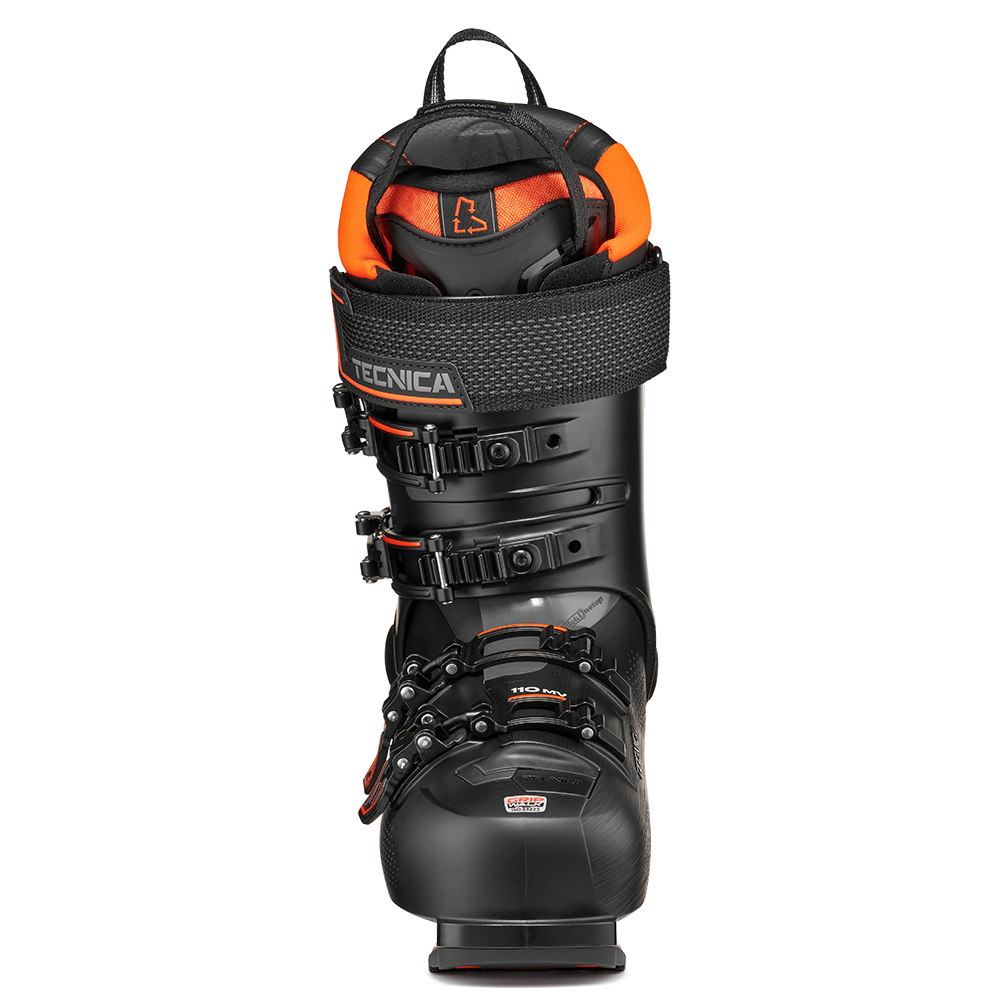 A black and orange 2027 Tecnica Mach1 MV 110 ski boot that features a 110 flex rating, a medium-volume fit, and GripWalk soles.
