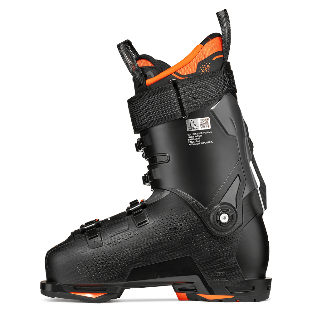 A black and orange 2027 Tecnica Mach1 MV 110 ski boot that features a 110 flex rating, a medium-volume fit, and GripWalk soles.