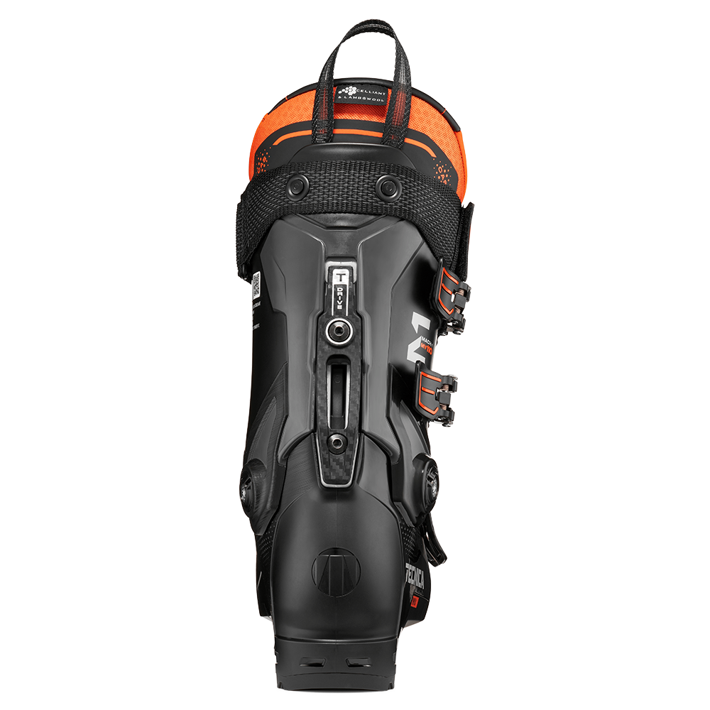 A black and orange 2027 Tecnica Mach1 MV 110 ski boot that features a 110 flex rating, a medium-volume fit, and GripWalk soles.