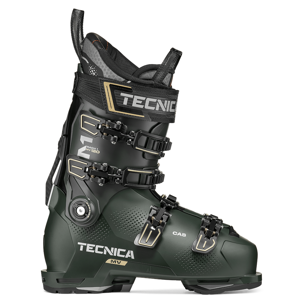 A dark green 2027 Tecnica Mach1 MV 120 ski boot that features a 120 flex rating, a medium-volume fit, and is designed for men.