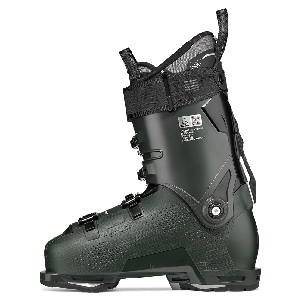 A dark green 2027 Tecnica Mach1 MV 120 ski boot that features a 120 flex rating, a medium-volume fit, and is designed for men.