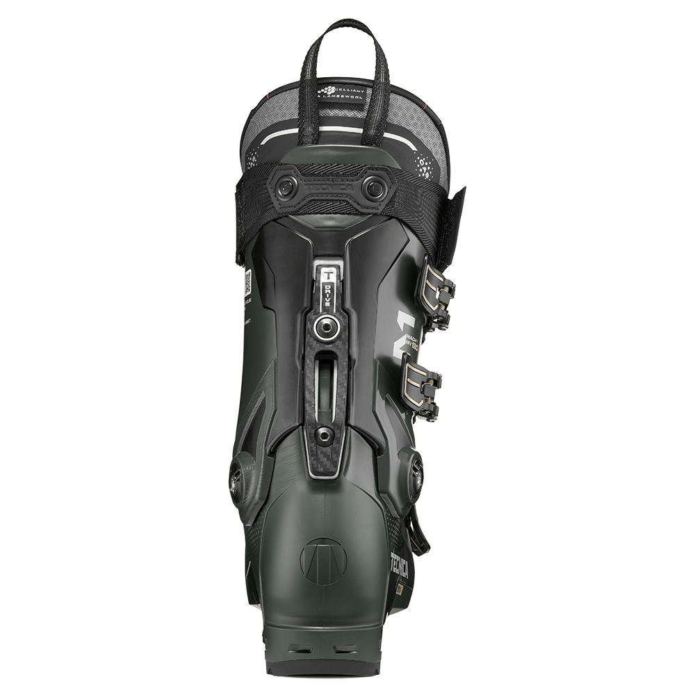 A dark green 2027 Tecnica Mach1 MV 120 ski boot that features a 120 flex rating, a medium-volume fit, and is designed for men.