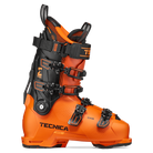 An orange and black Tecnica Mach1 MV 130 ski boot that features a 130 flex rating, a medium volume fit, and is designed for men.