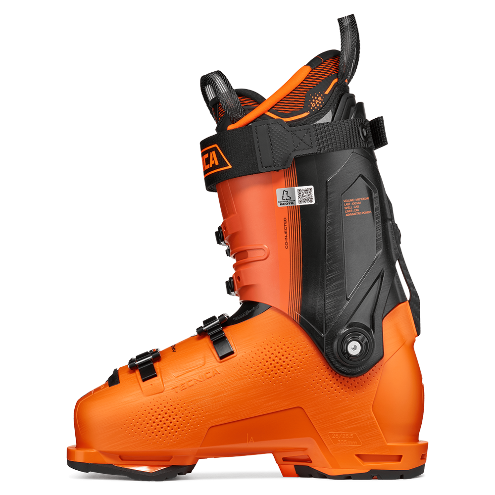 An orange and black Tecnica Mach1 MV 130 ski boot that features a 130 flex rating, a medium volume fit, and is designed for men.