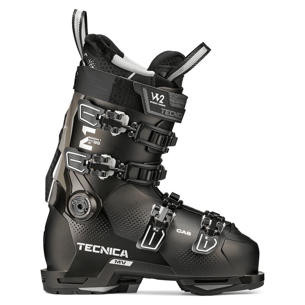A black 2027 Tecnica Mach1 MV 95 W women's ski boot that features a 95 flex rating, a medium-volume fit, and GripWalk soles.