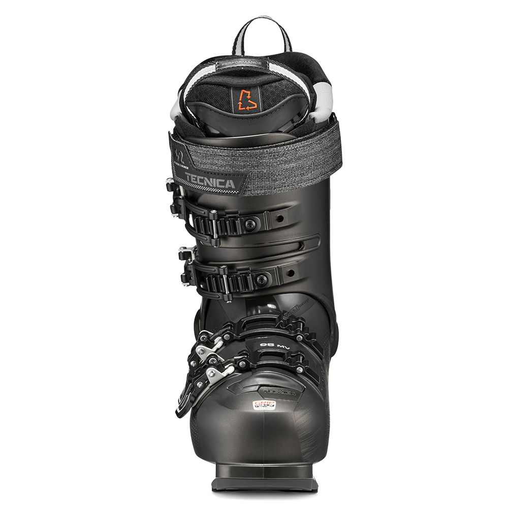 A black 2027 Tecnica Mach1 MV 95 W women's ski boot that features a 95 flex rating, a medium-volume fit, and GripWalk soles.